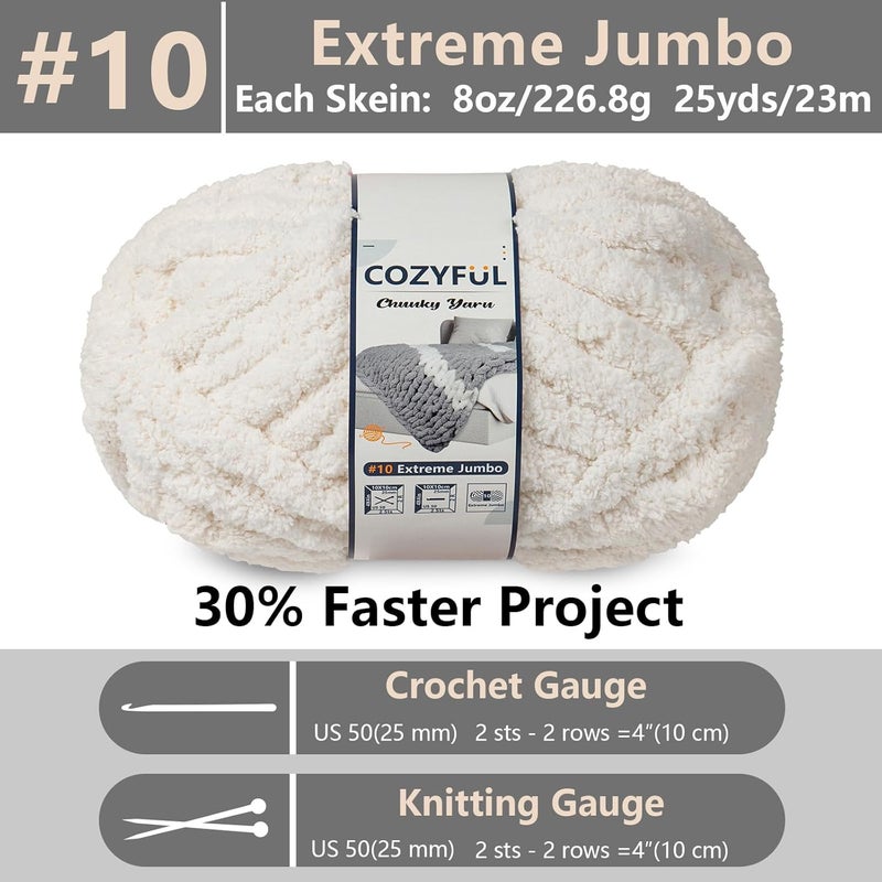 Cozyful Chunky Yarn for Hand Knitting - #10 Chunky Chenille Yarn, Jumbo Big Thick Chunky Yarns for Crocheting, Super Bulky Chunky Knit Blanket Yarns, 8 Skein (25 yds 8 oz Each Skein), Beige White - Image 2